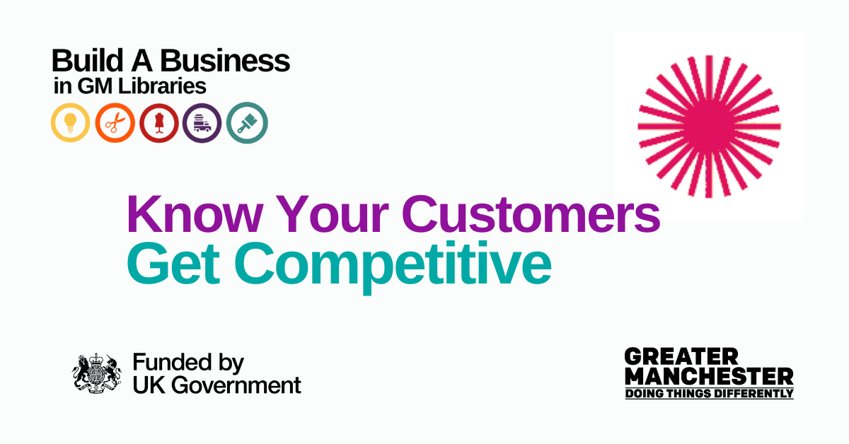 Text in purple and green - Know Your Customers: Get Competitive. Logos for Build a Business, Funded by UK Government, and Greater Manchester Doing Things Differently.